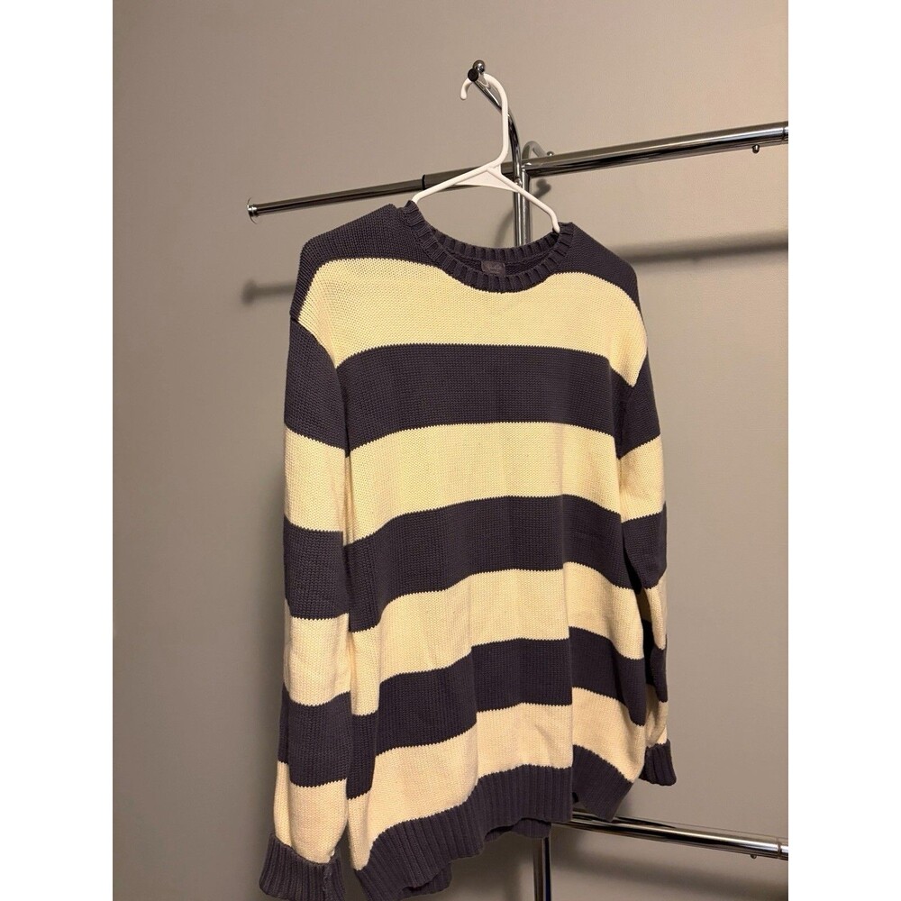 John Galt Striped Knit Sweater Women’s XL Oversized Cream Navy Pullover Crewneck - Picture 2 of 7